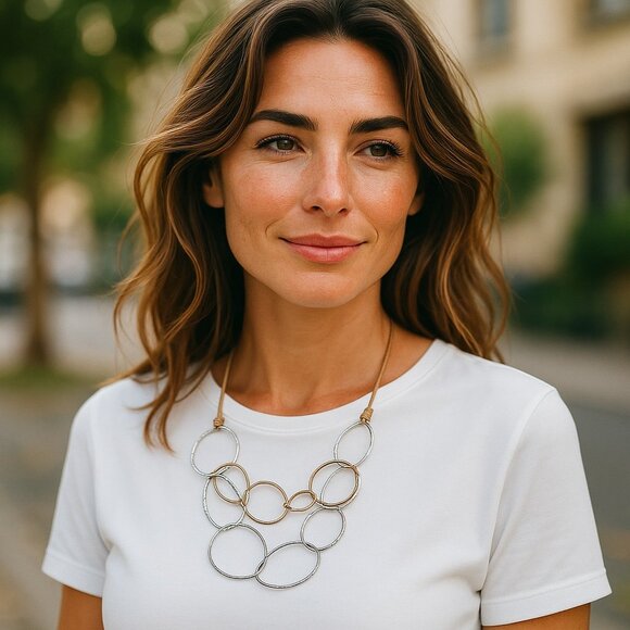 J. Jill Modern Rings Layered Hammered Necklace Silver Gold Tone Adjustable Cord - Picture 1 of 9